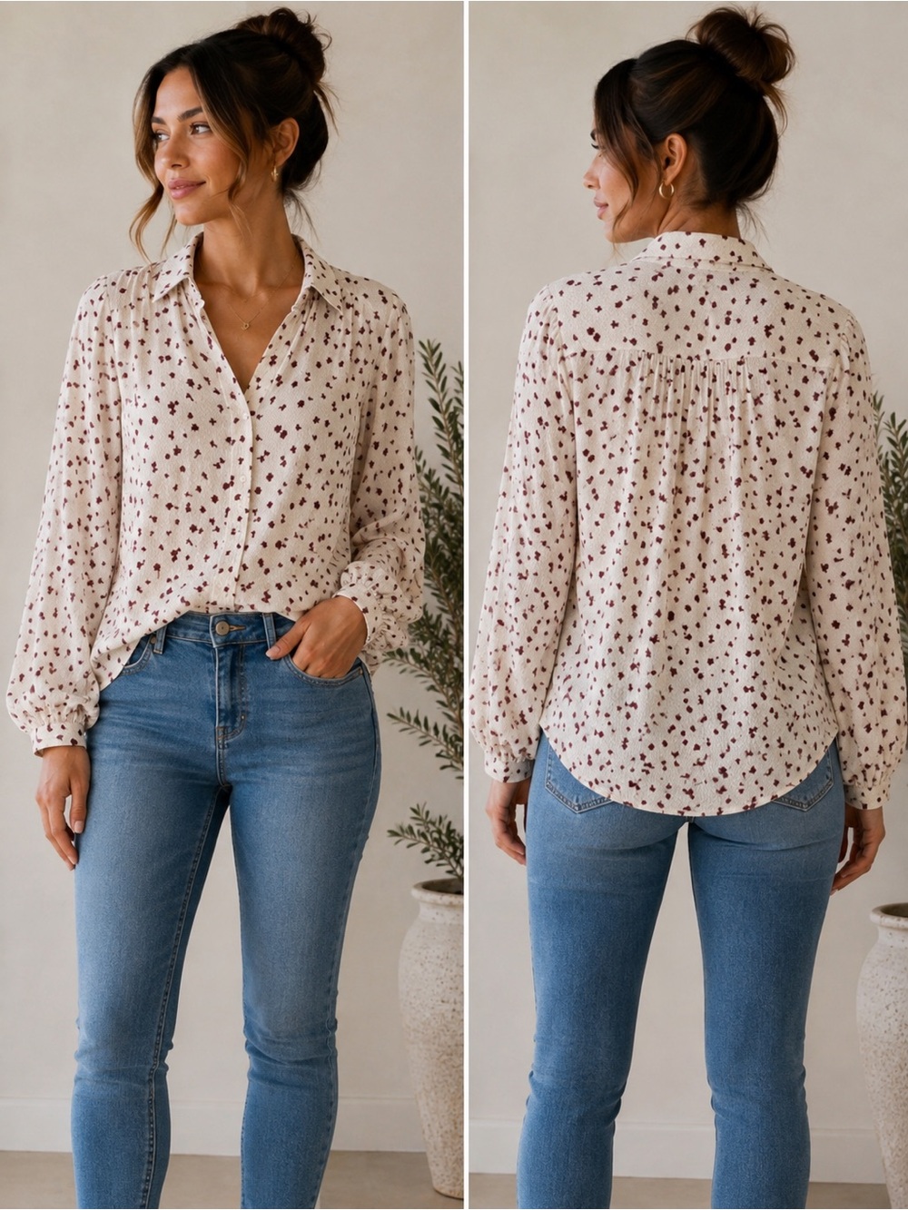 Massimo Dutti Ivory Burgundy Floral Print Textured Button Front Blouse - Size 8